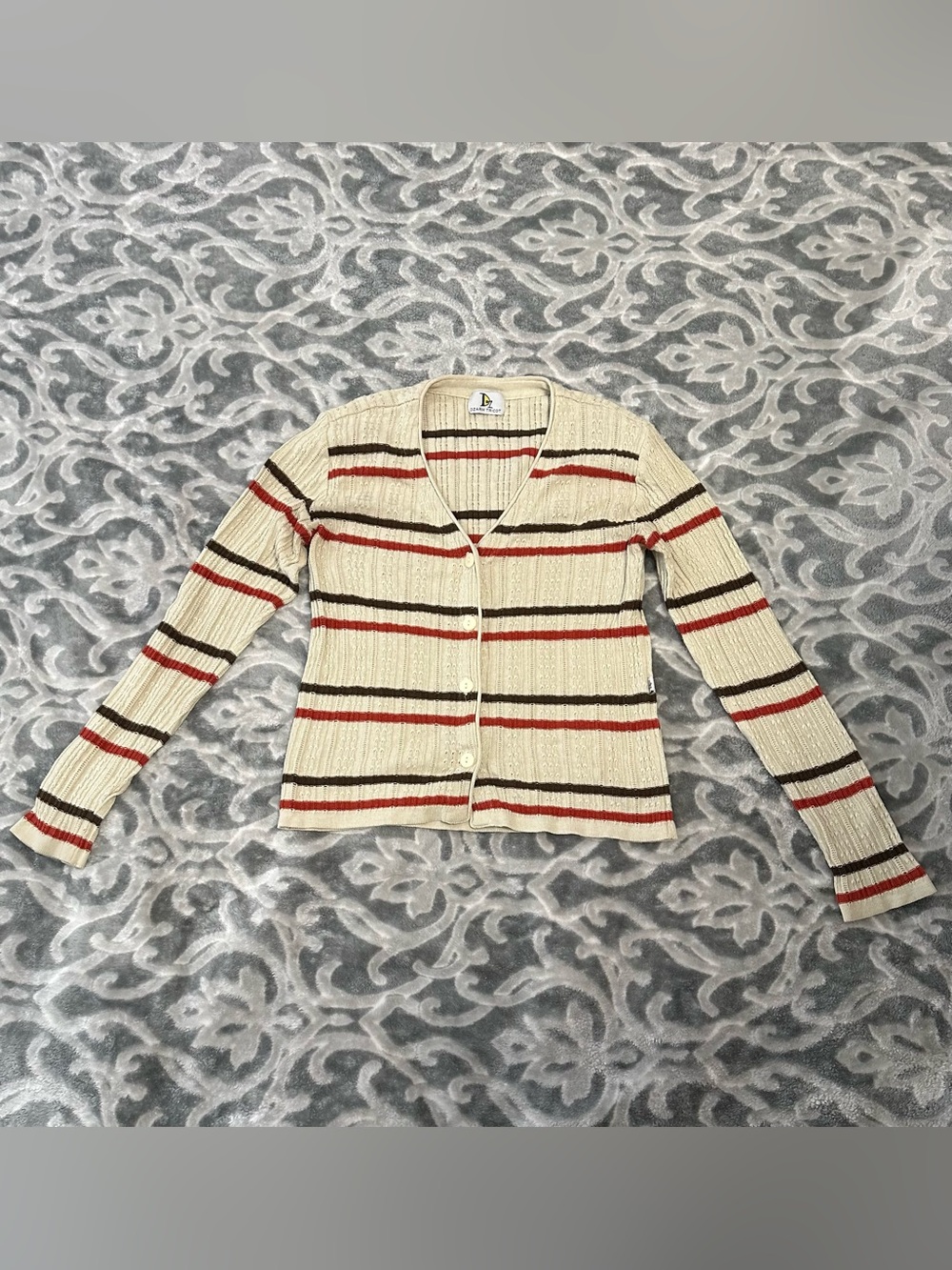 Ribbed Cream Button-Front Cardigan with Red and Brown Stripes